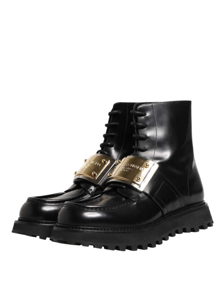 Dolce &amp; Gabbana Black Leather DG Plaque Lace Up Boots Shoes
