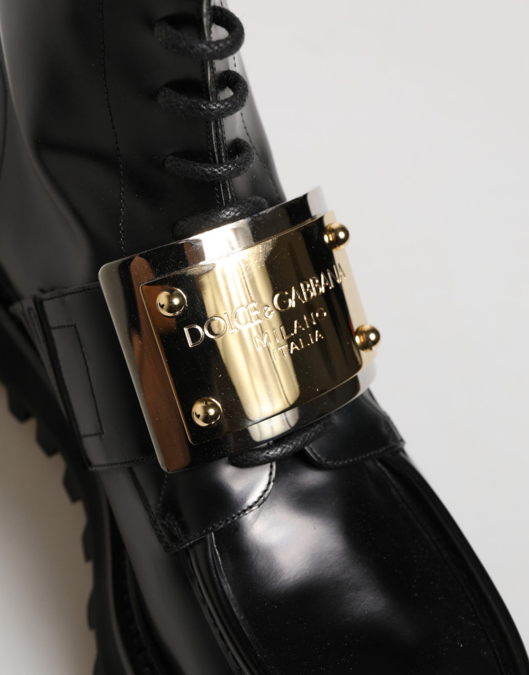 Dolce &amp; Gabbana Black Leather DG Plaque Lace Up Boots Shoes