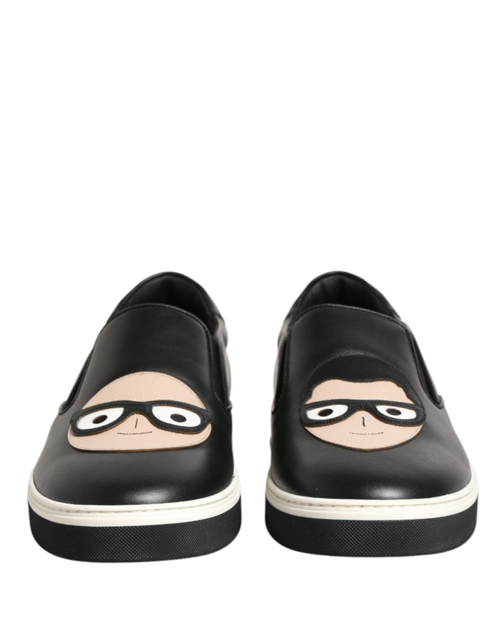 Dolce &amp; Gabbana Black Leather Signature Figures Sneakers Shoes