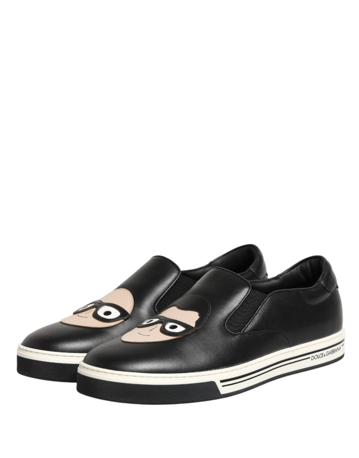 Dolce &amp; Gabbana Black Leather Signature Figures Sneakers Shoes