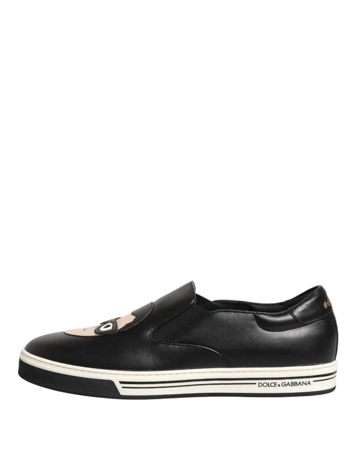 Dolce &amp; Gabbana Black Leather Signature Figures Sneakers Shoes