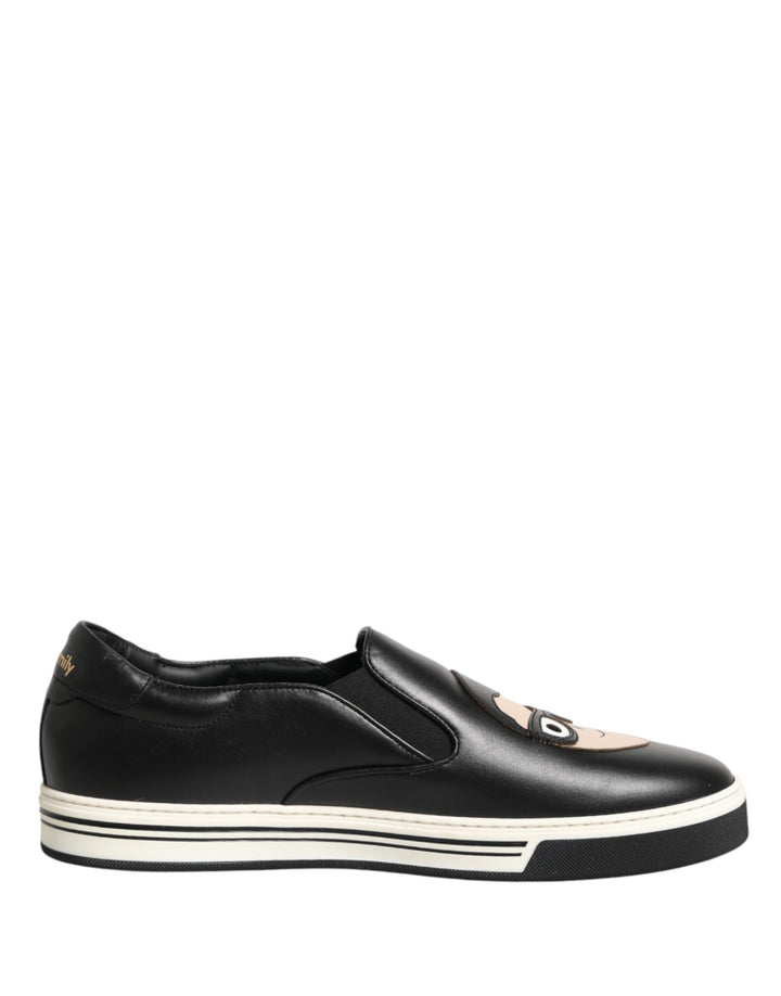 Dolce &amp; Gabbana Black Leather Signature Figures Sneakers Shoes