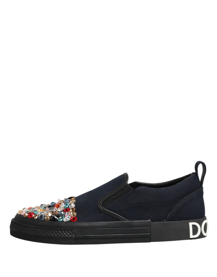 Dolce &amp; Gabbana Blue Canvas Embellished Slip On Men Sneakers Shoes
