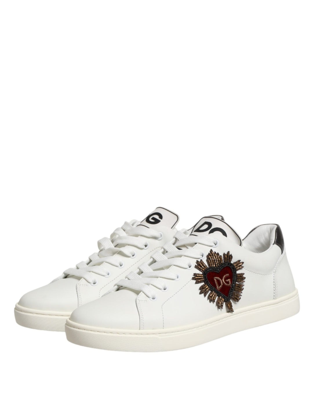 Dolce &amp; Gabbana White Leather Sacred Heart Patch Sneakers Shoes