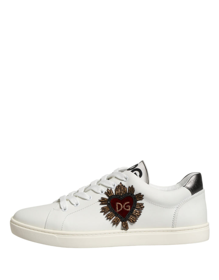 Dolce &amp; Gabbana White Leather Sacred Heart Patch Sneakers Shoes