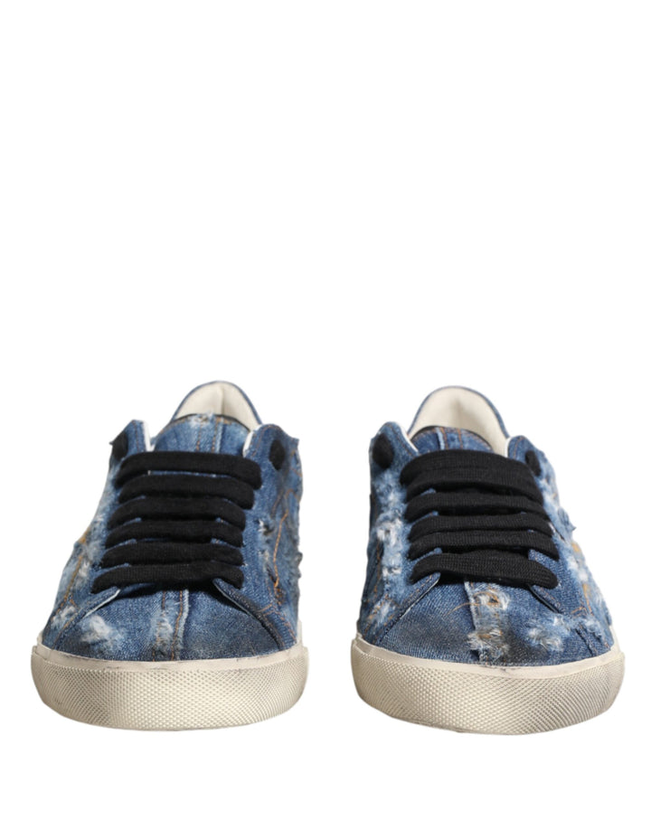 Dolce &amp; Gabbana Blue Distressed Denim Low Top Sneakers Shoes