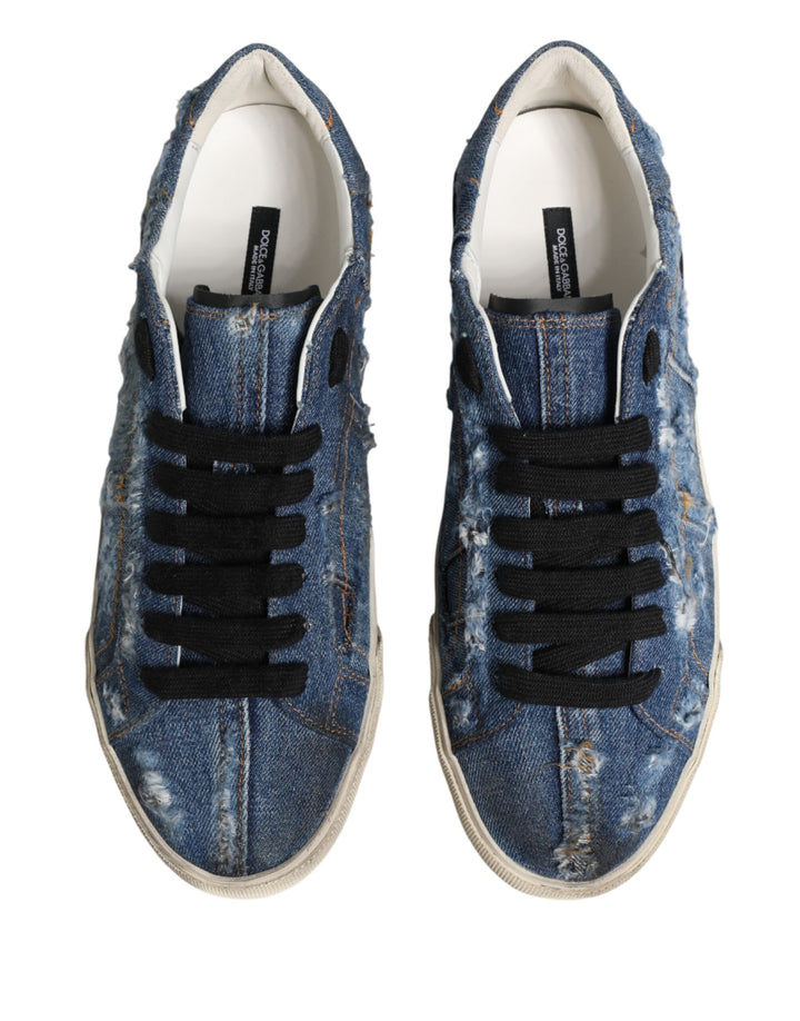 Dolce &amp; Gabbana Blue Distressed Denim Low Top Sneakers Shoes