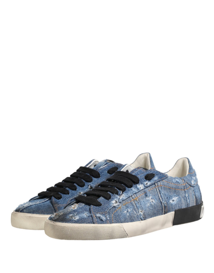 Dolce &amp; Gabbana Blue Distressed Denim Low Top Sneakers Shoes