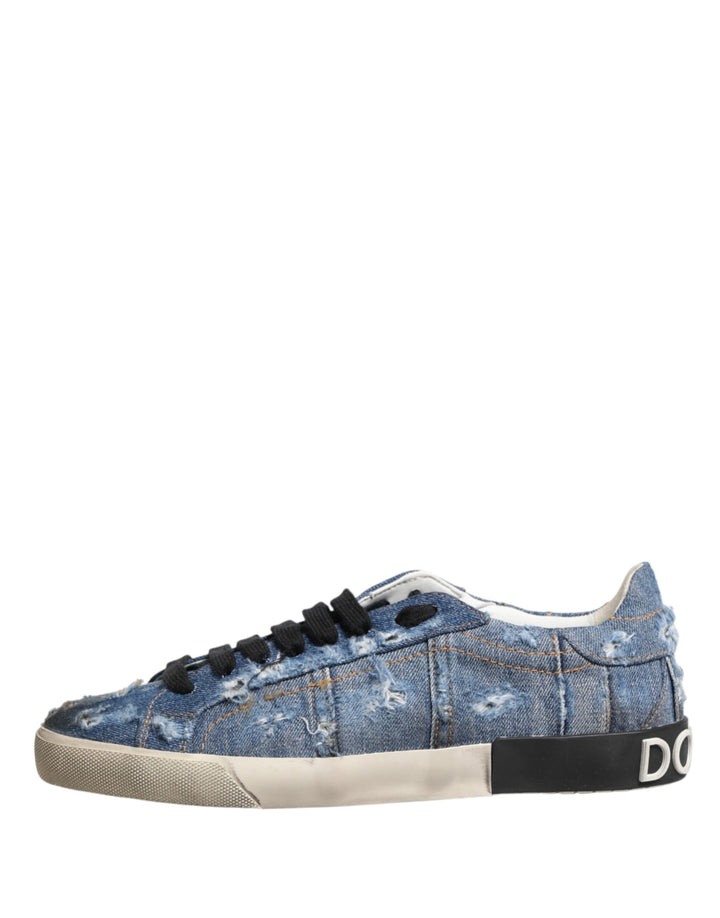 Dolce &amp; Gabbana Blue Distressed Denim Low Top Sneakers Shoes
