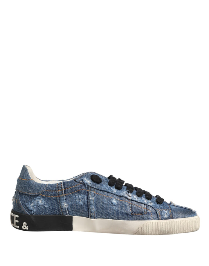 Dolce &amp; Gabbana Blue Distressed Denim Low Top Sneakers Shoes