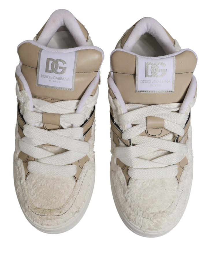 Dolce &amp; Gabbana White Beige Faux Shearling Low Top Sneakers Shoes