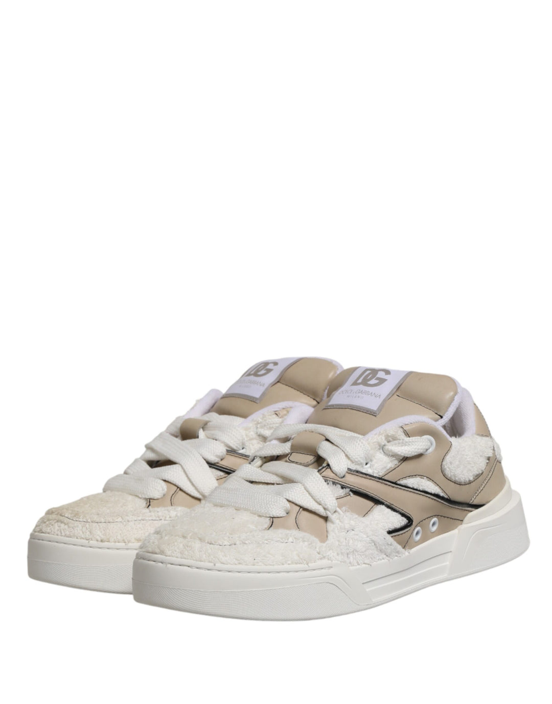 Dolce &amp; Gabbana White Beige Faux Shearling Low Top Sneakers Shoes