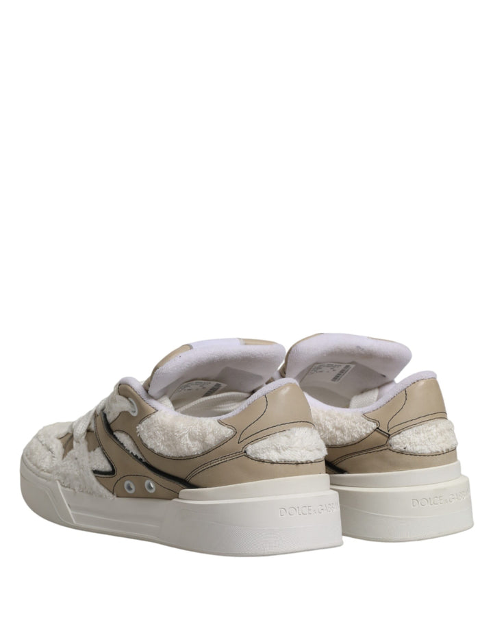 Dolce &amp; Gabbana White Beige Faux Shearling Low Top Sneakers Shoes