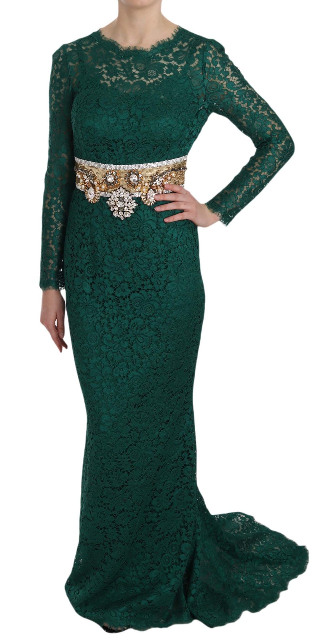 Dolce &amp; Gabbana Crystal Gold Belt Lace Sheath Gown Dress women’s dress