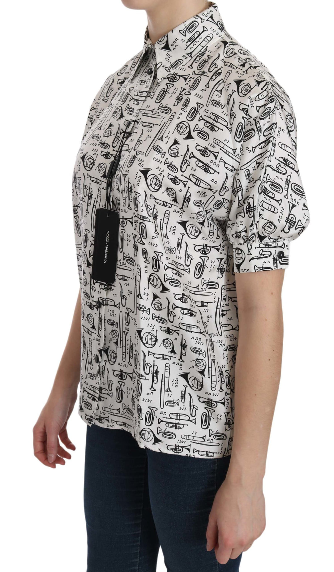 Dolce &amp; Gabbana White Musical Instrument Collared Blouse  Shirt