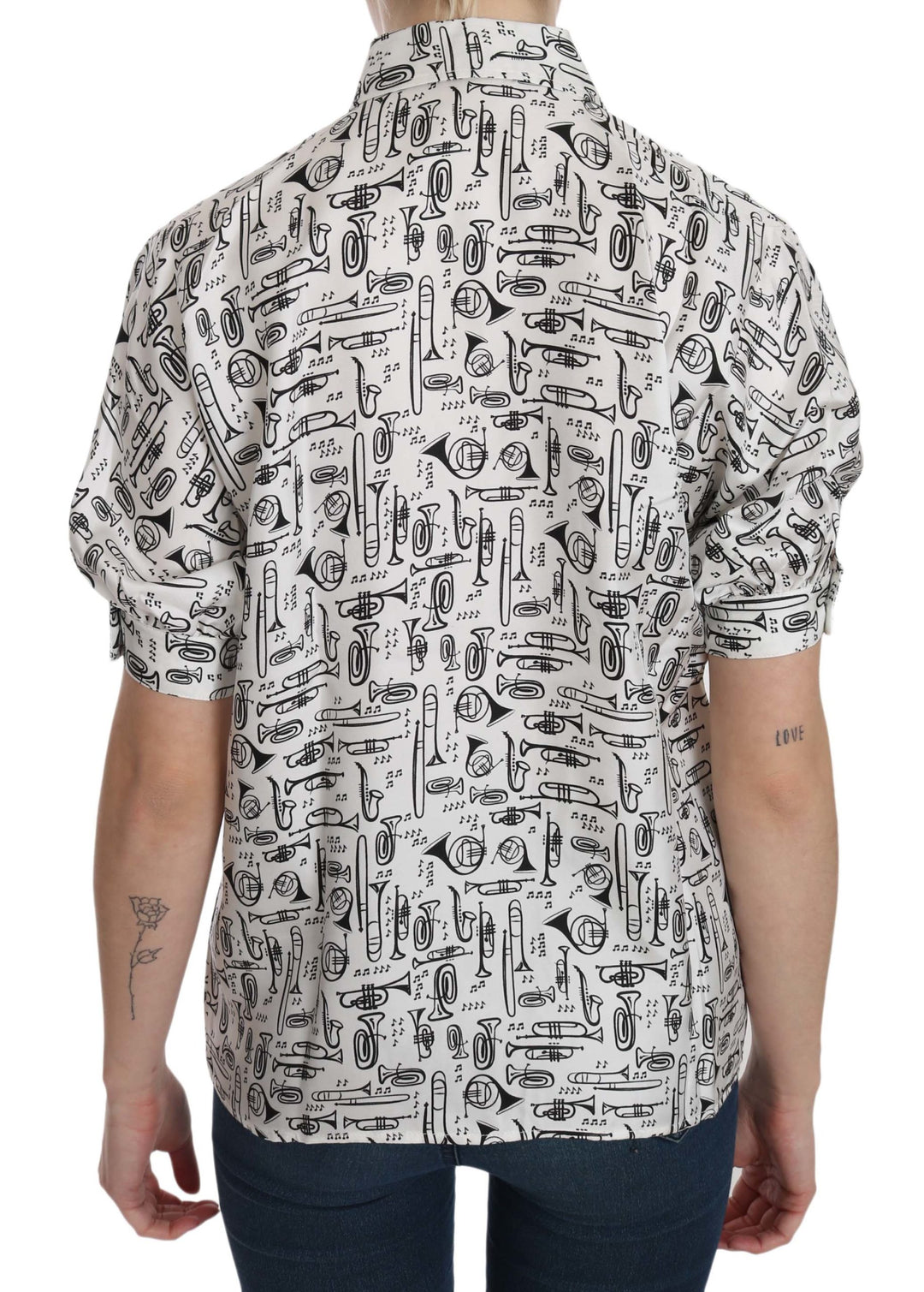 Dolce &amp; Gabbana White Musical Instrument Collared Blouse  Shirt
