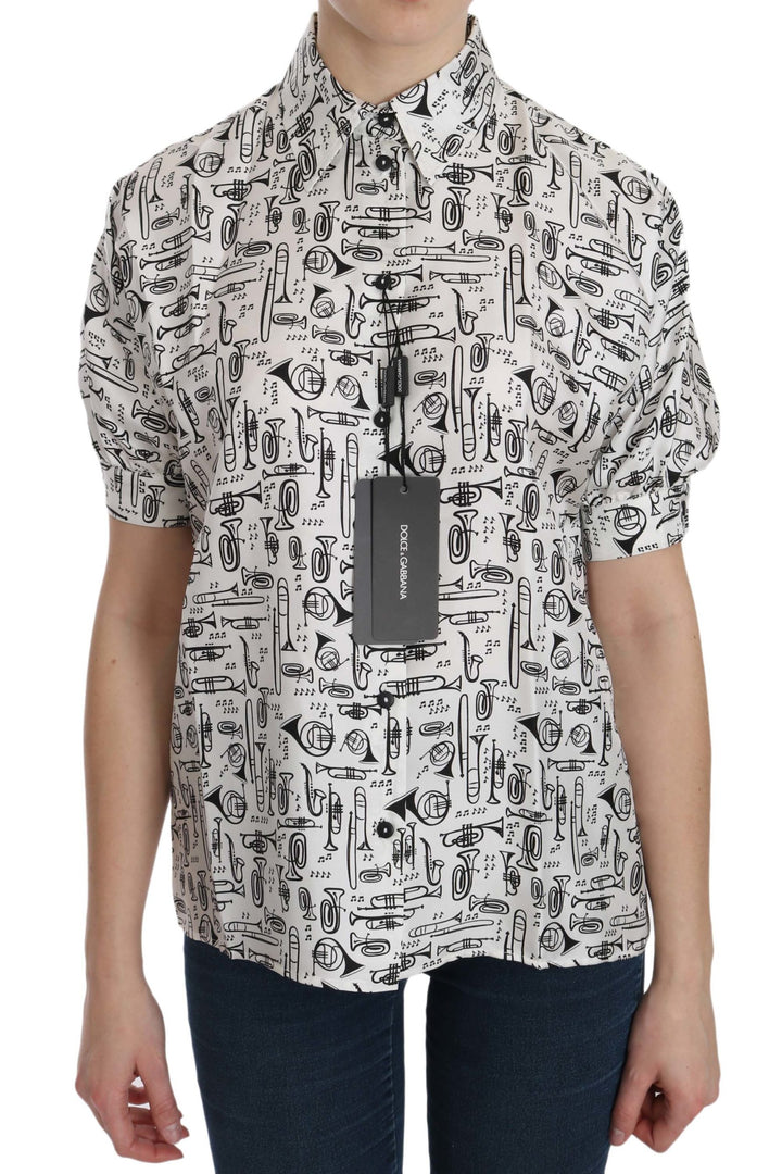 Dolce &amp; Gabbana White Musical Instrument Collared Blouse  Shirt