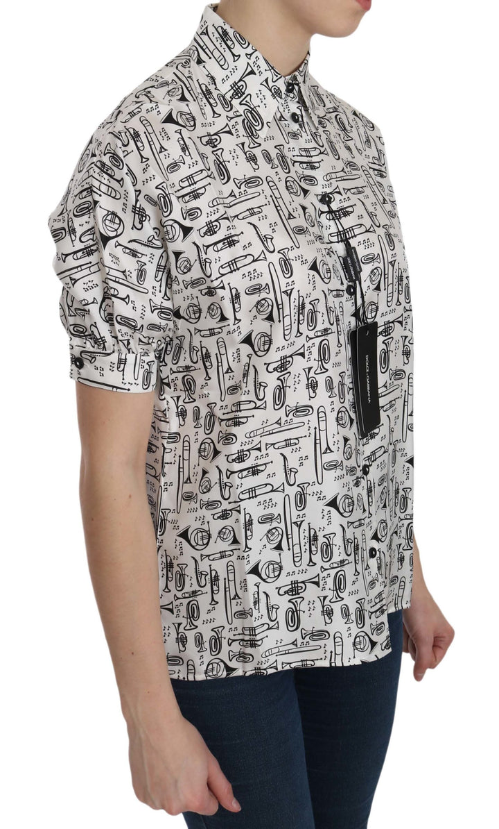 Dolce &amp; Gabbana White Musical Instrument Collared Blouse  Shirt