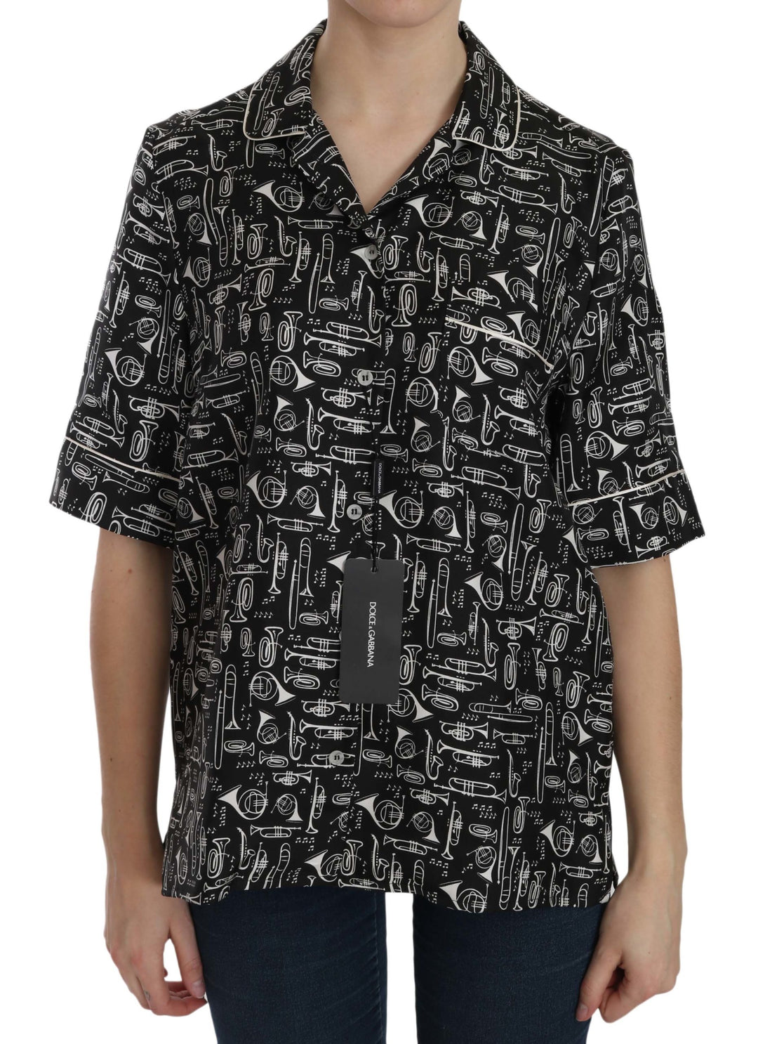 Dolce &amp; Gabbana Black Musical Instrument Print Silk  Top