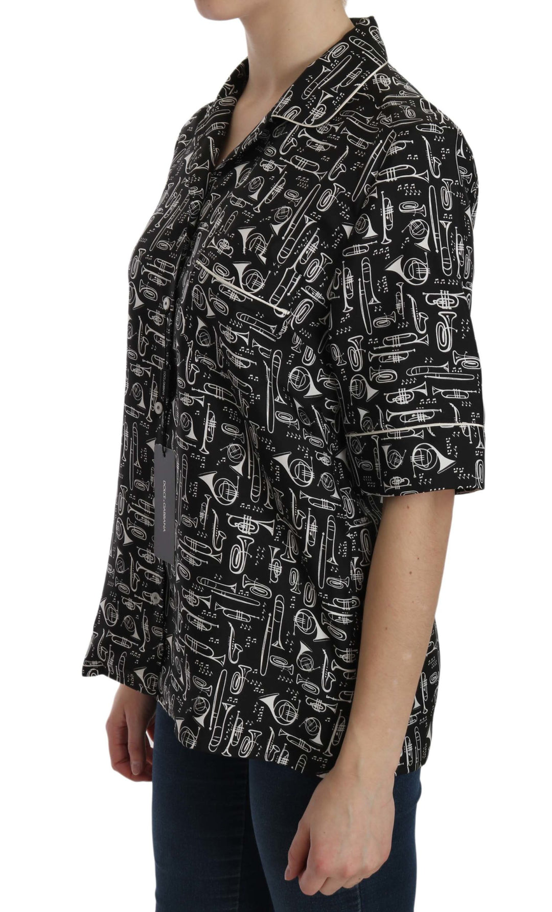 Dolce &amp; Gabbana Black Musical Instrument Print Silk  Top