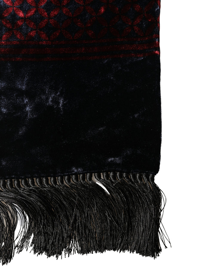 Dolce &amp; Gabbana Black Red Rayon Geometric Pattern Fringe 140cm X 16cm  Scarf