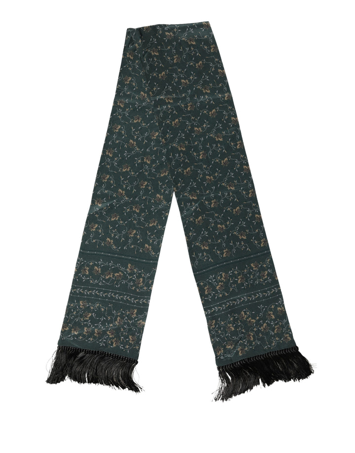 Dolce &amp; Gabbana Green Silk Floral Pattern Fringed 135cm X 16cm  Scarf