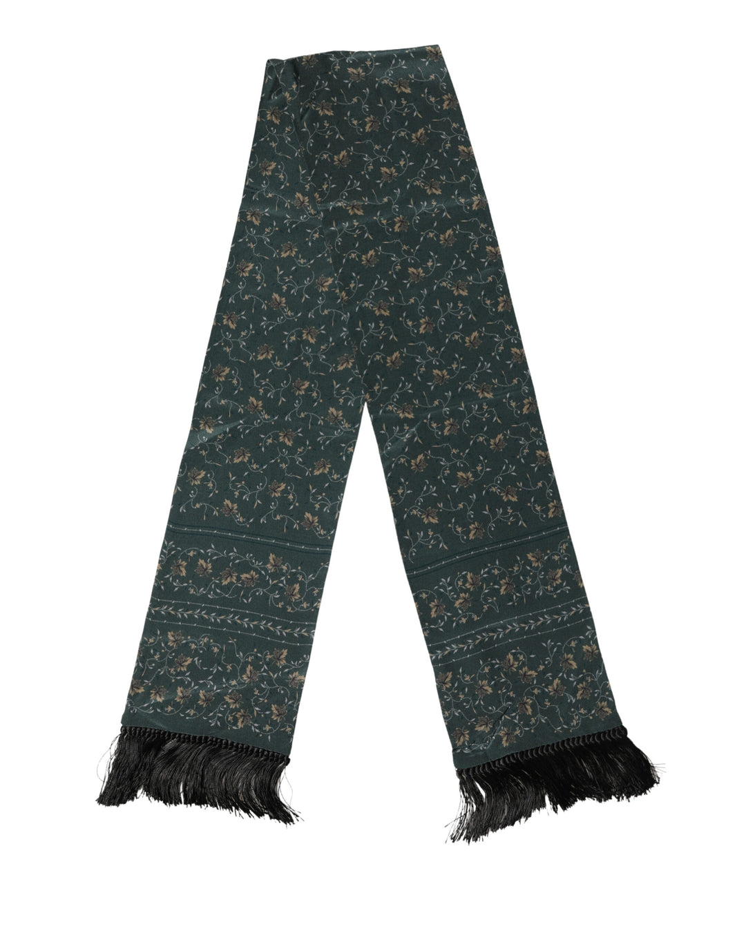 Dolce &amp; Gabbana Green Silk Floral Pattern Fringed 135cm X 16cm  Scarf