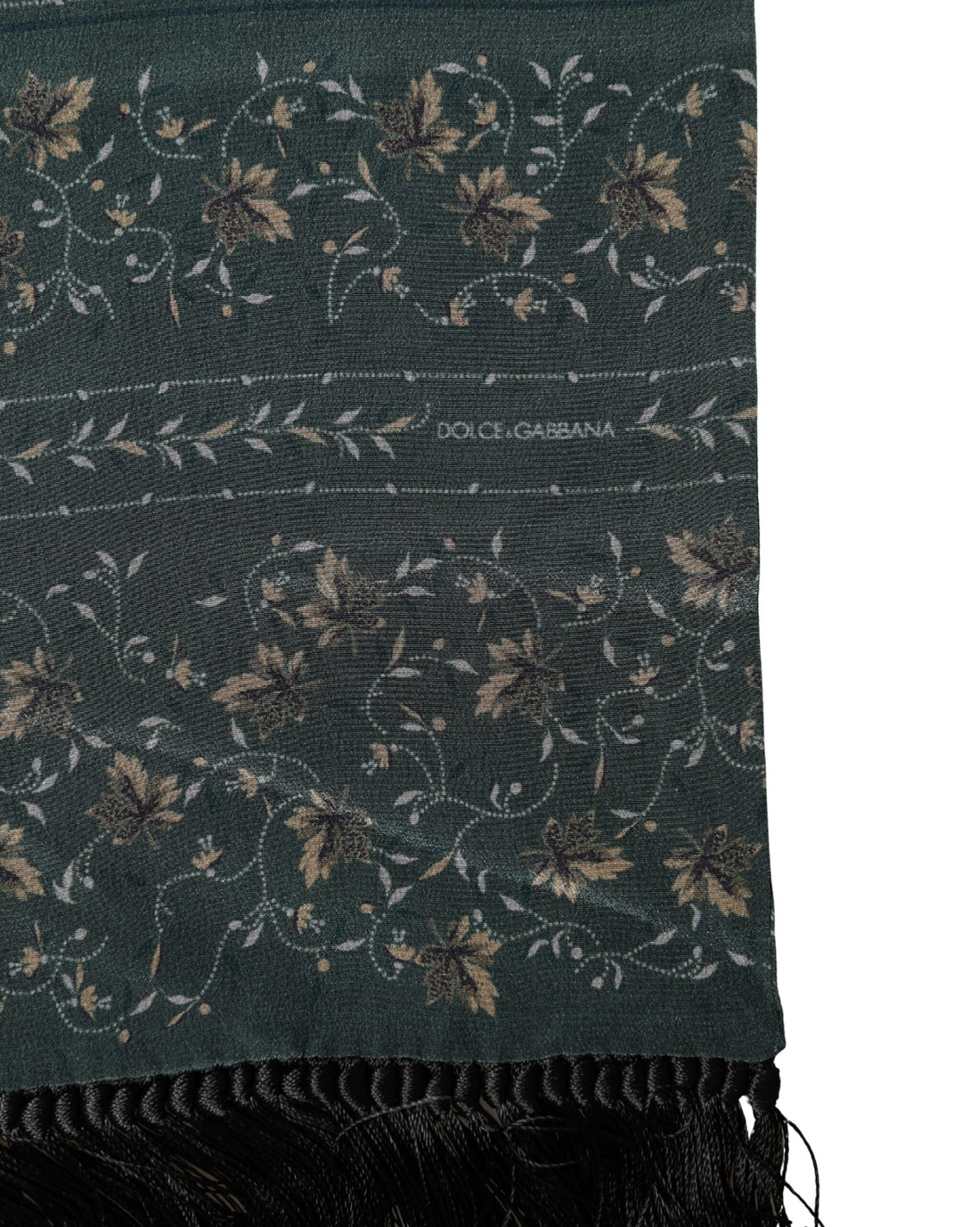 Dolce &amp; Gabbana Green Silk Floral Pattern Fringed 135cm X 16cm  Scarf