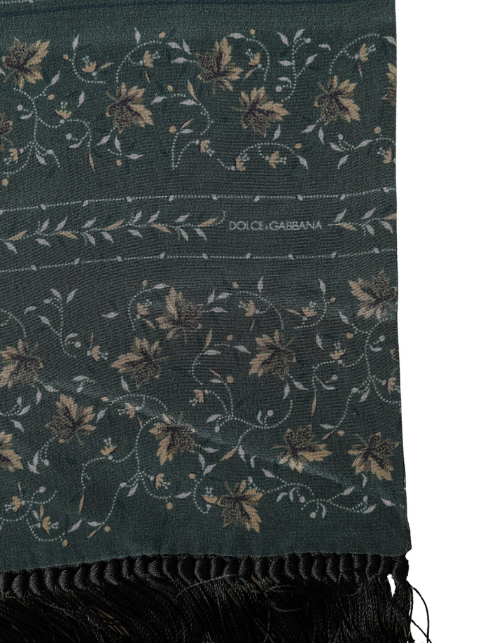 Dolce &amp; Gabbana Green Silk Floral Pattern Fringed 135cm X 16cm  Scarf