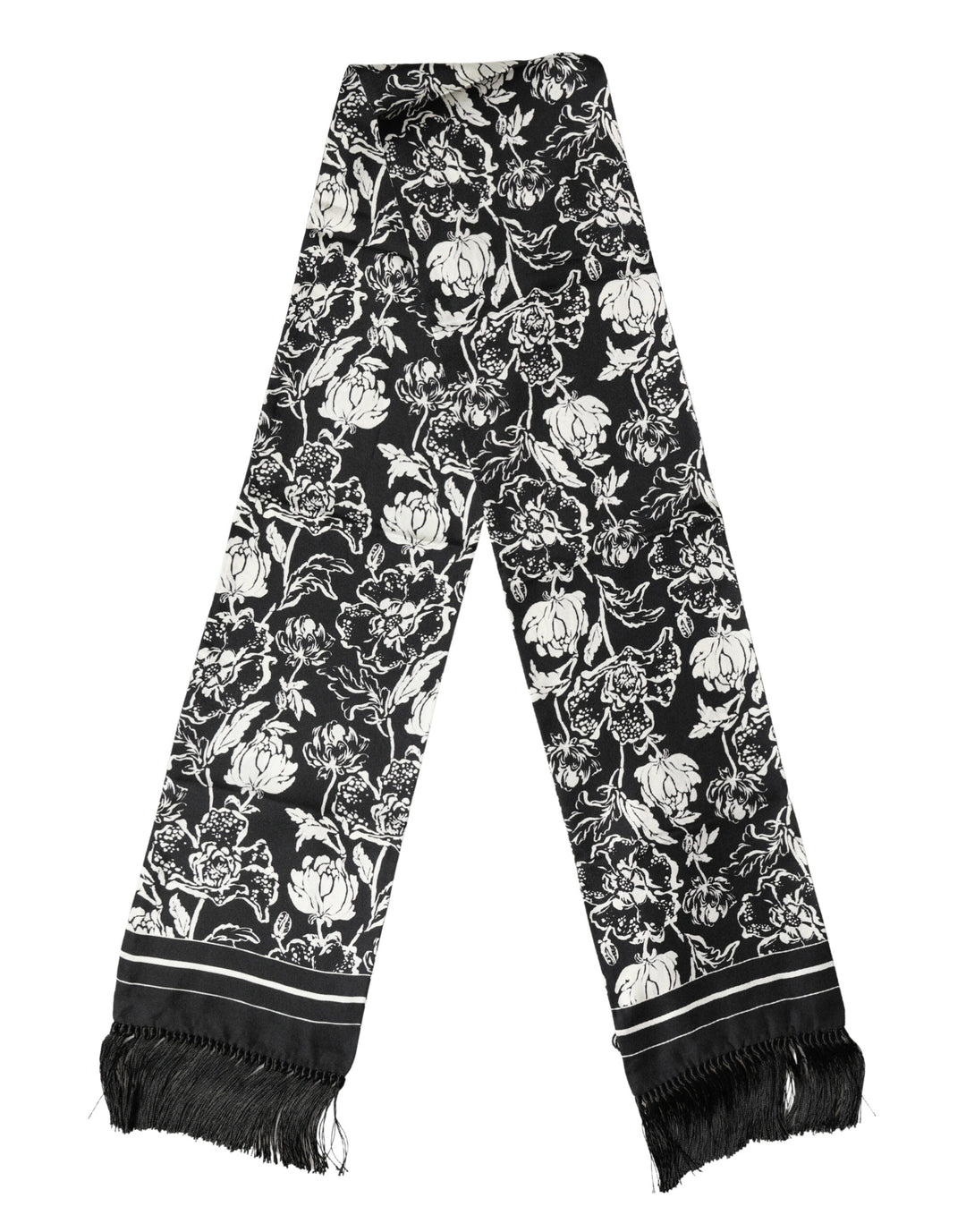 Dolce &amp; Gabbana Black White Silk Floral Print Fringe 136cm X 15.5cm  Scarf