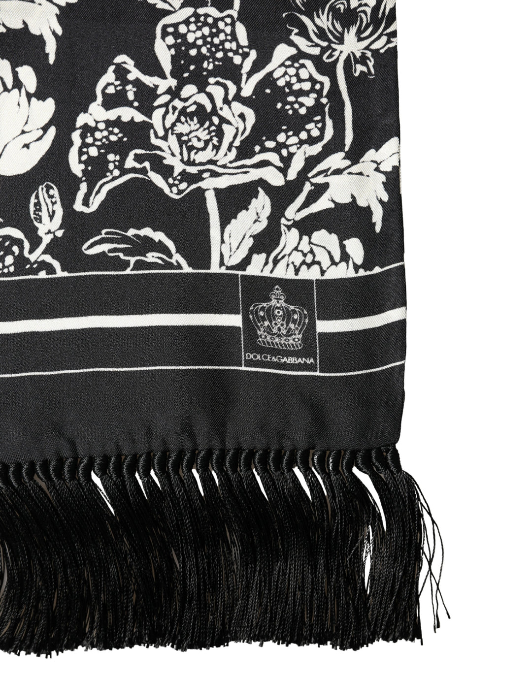 Dolce &amp; Gabbana Black White Silk Floral Print Fringe 136cm X 15.5cm  Scarf