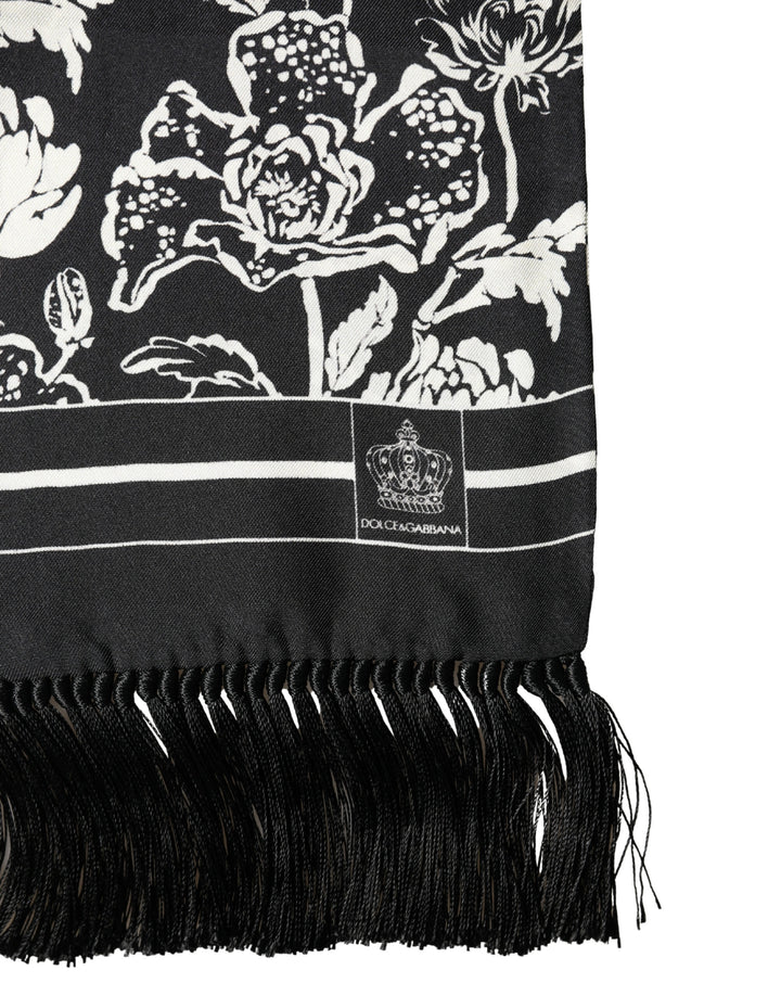 Dolce &amp; Gabbana Black White Silk Floral Print Fringe 136cm X 15.5cm  Scarf