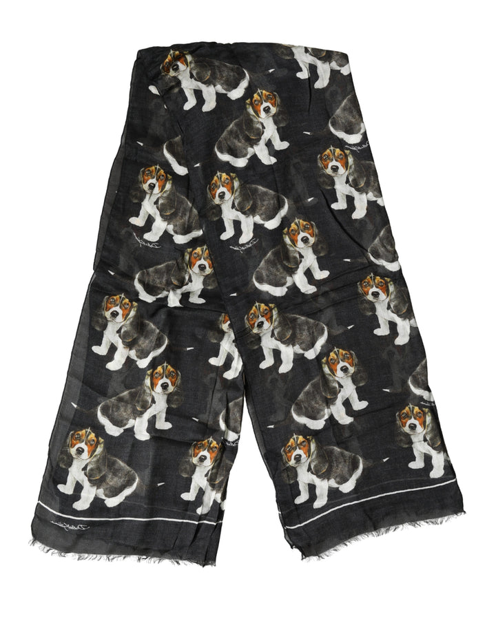 Dolce &amp; Gabbana Black Dog Print Modal Wool Wrap Foulard 178cm X 63cm Scarf