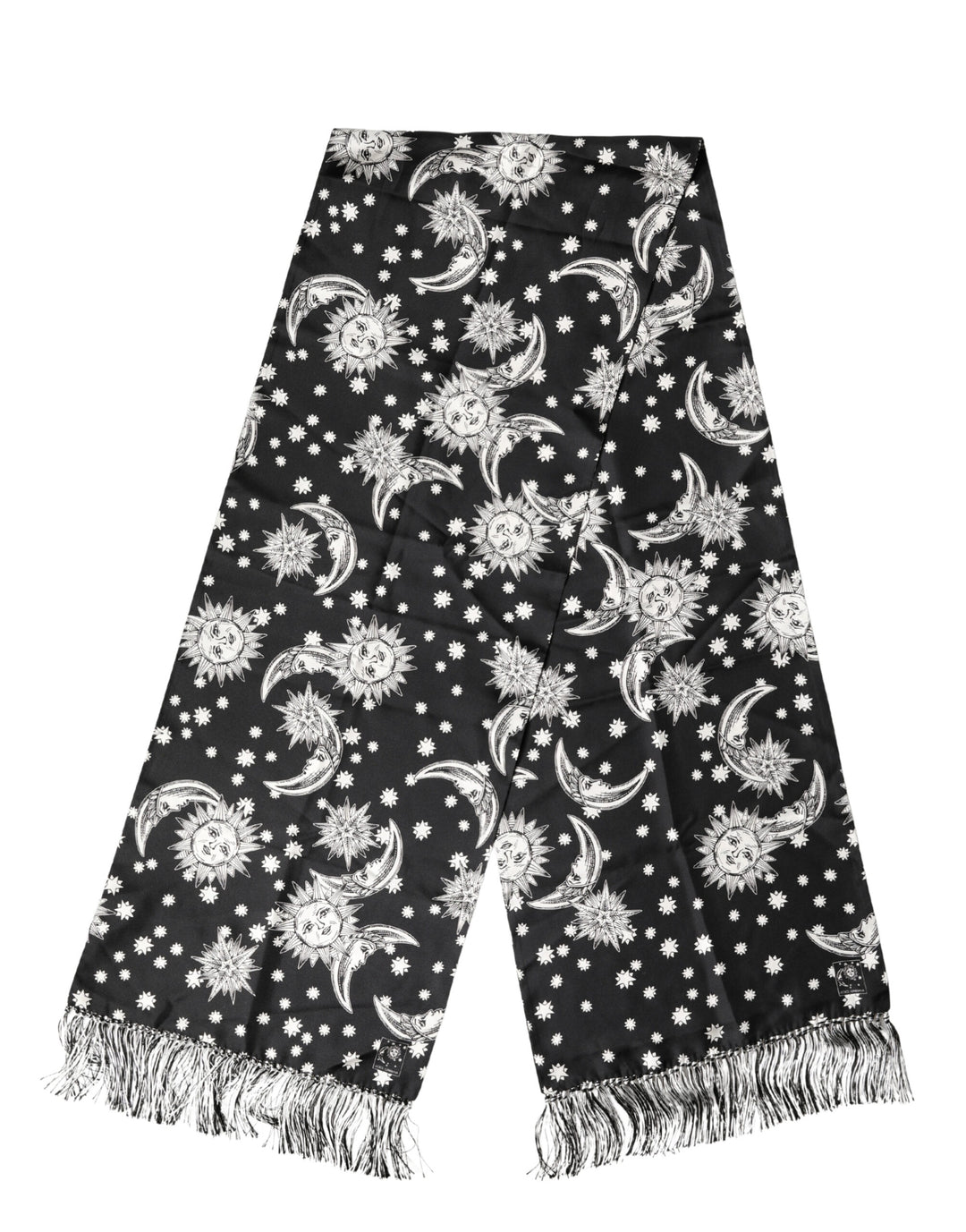 Dolce &amp; Gabbana Black Silk Sun Moon Star Fringe Foulard 178cm X 33cm Scarf