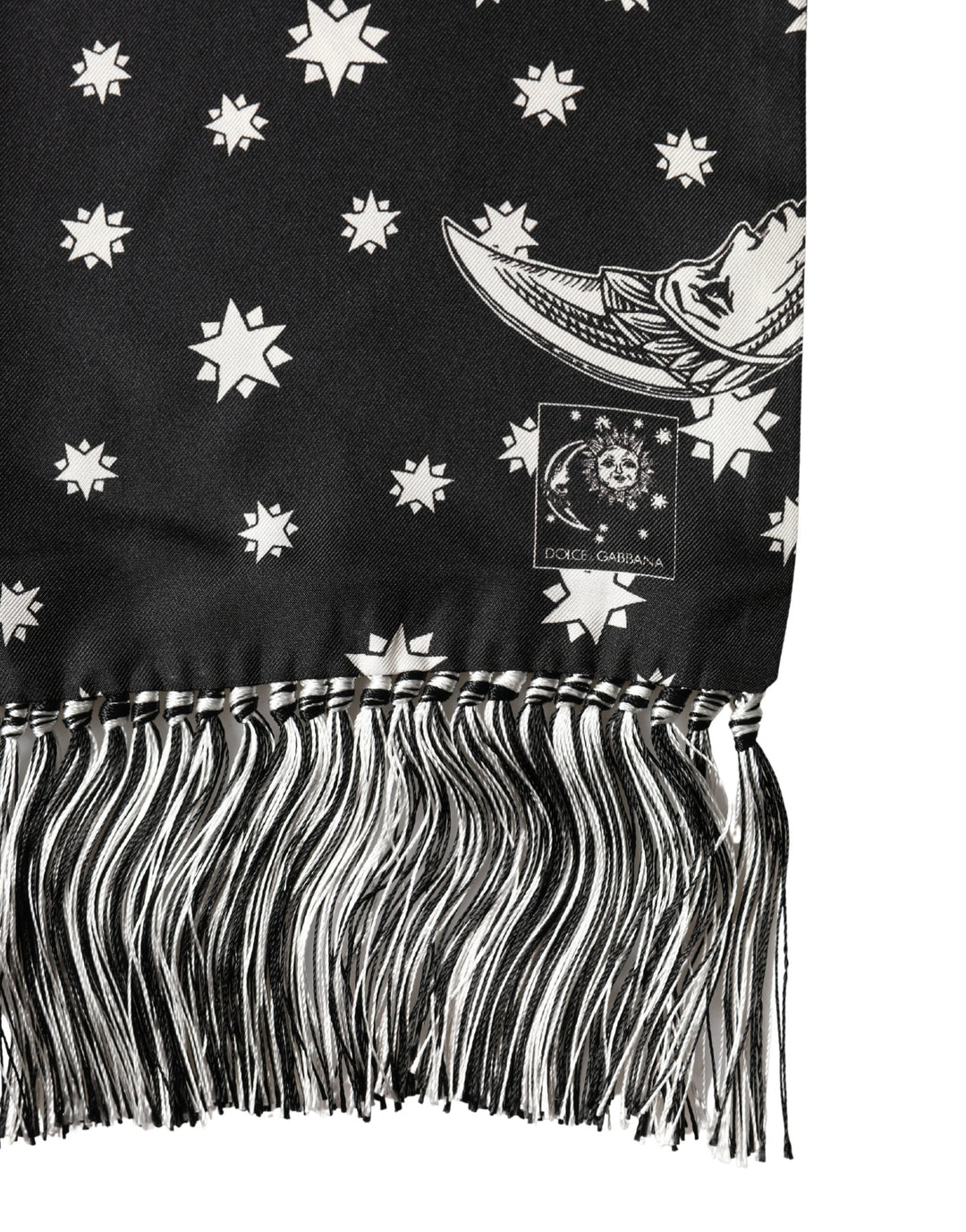 Dolce &amp; Gabbana Black Silk Sun Moon Star Fringe Foulard 178cm X 33cm Scarf