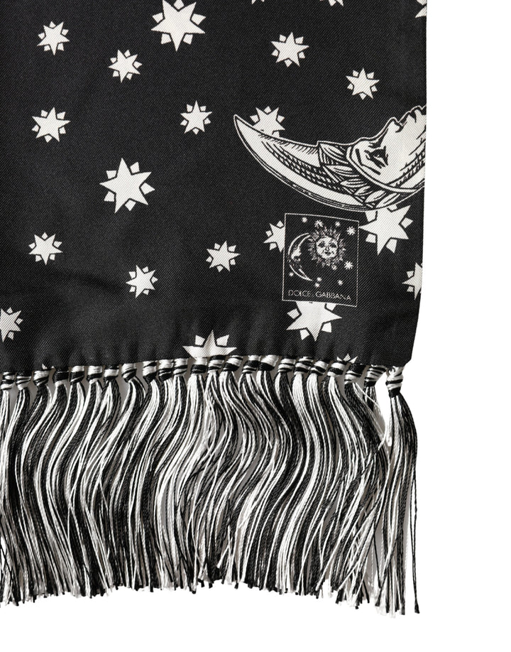 Dolce &amp; Gabbana Black Silk Sun Moon Star Fringe Foulard 178cm X 33cm Scarf