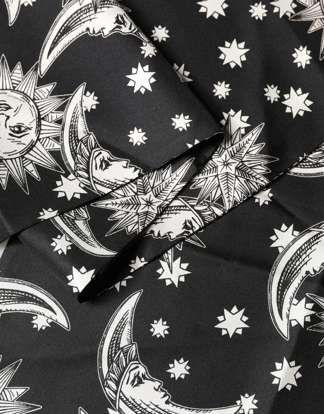 Dolce &amp; Gabbana Black Silk Sun Moon Star Fringe Foulard 178cm X 33cm Scarf