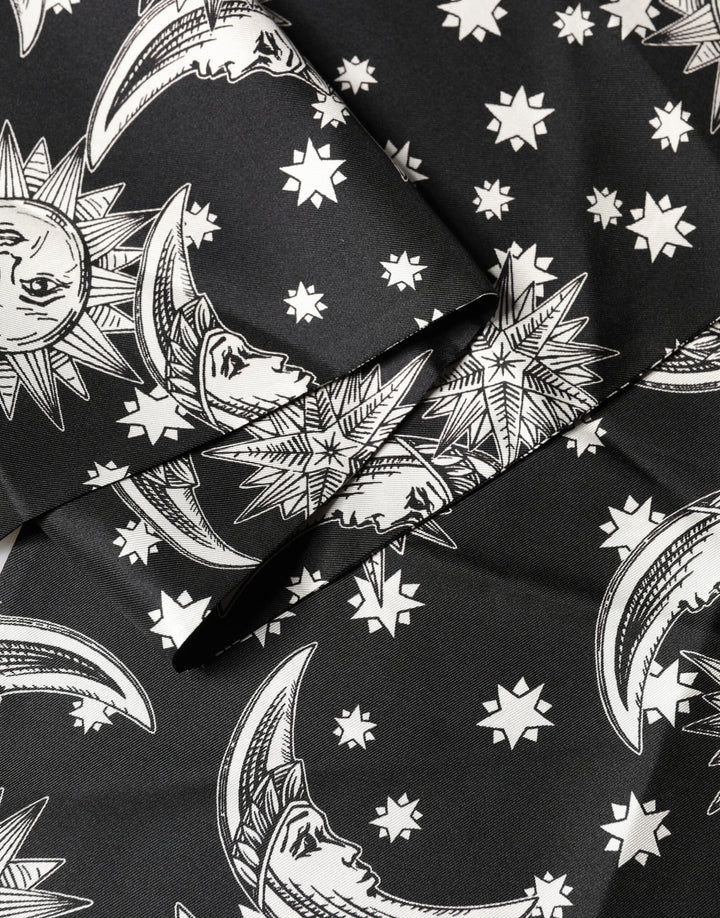 Dolce &amp; Gabbana Black Silk Sun Moon Star Fringe Foulard 178cm X 33cm Scarf