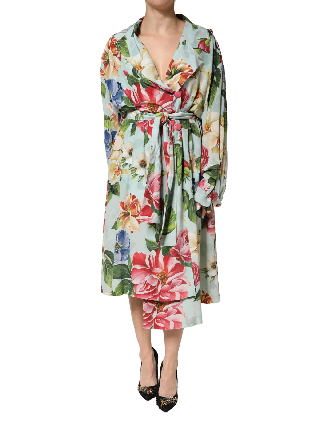Dolce &amp; Gabbana Green Floral Silk Wrap Midi Long Sleeve Dress