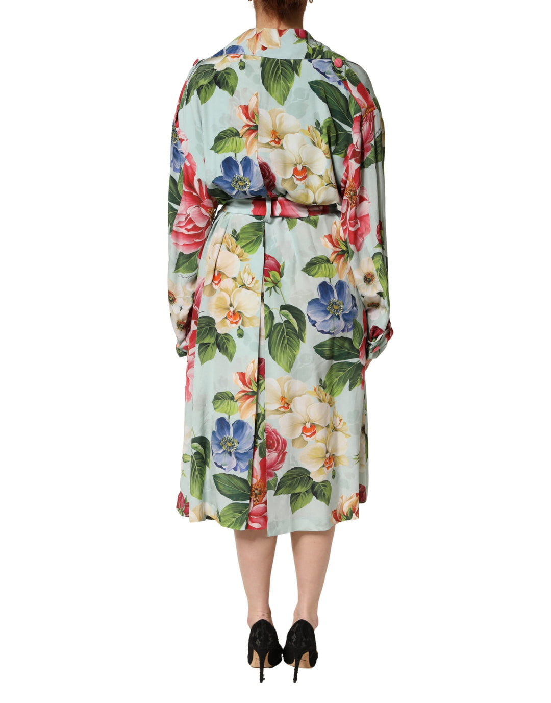 Dolce &amp; Gabbana Green Floral Silk Wrap Midi Long Sleeve Dress