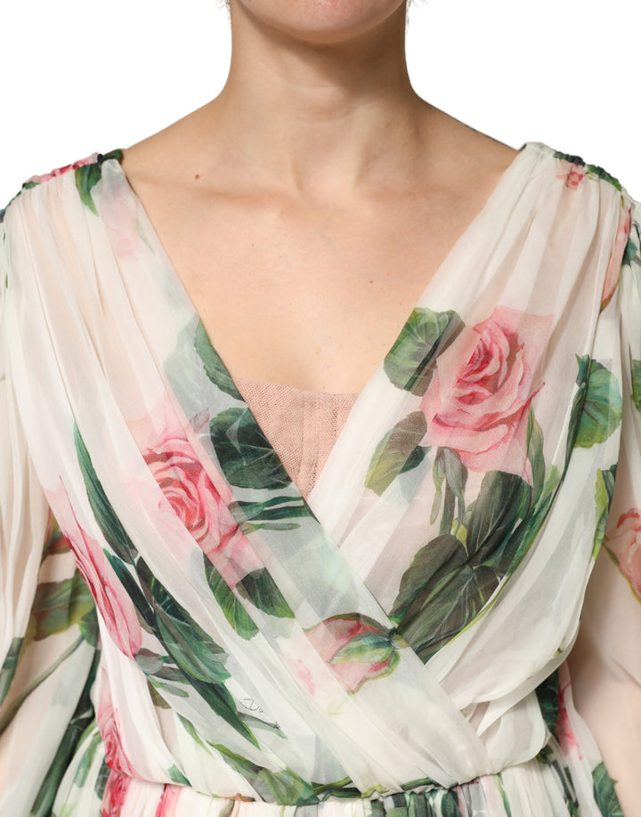 Dolce &amp; Gabbana Green Floral Silk Wrap Midi Long Sleeve Dress