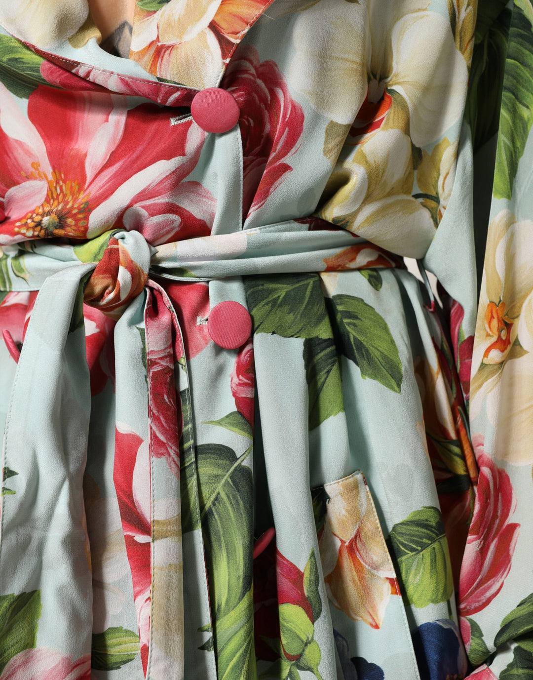 Dolce &amp; Gabbana Green Floral Silk Wrap Midi Long Sleeve Dress