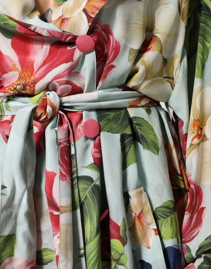 Dolce &amp; Gabbana Green Floral Silk Wrap Midi Long Sleeve Dress