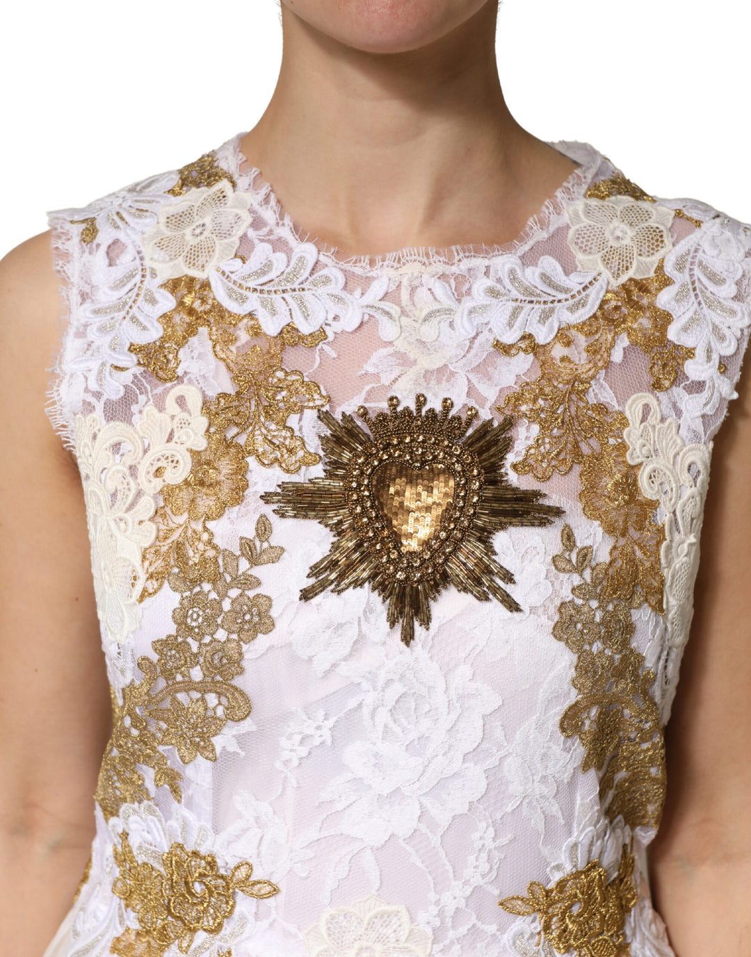 Dolce &amp; Gabbana Ivory Lace Silk Embellished Sleeveless  Dress