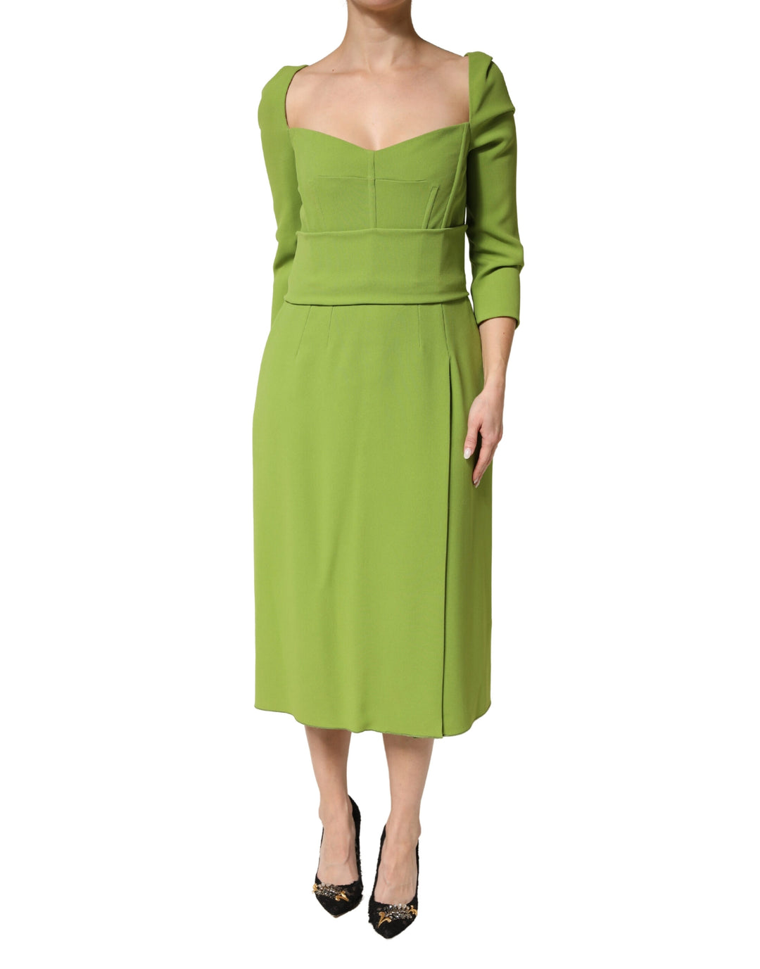 Dolce &amp; Gabbana Green Silk Sweetheart Neckline Midi  Dress