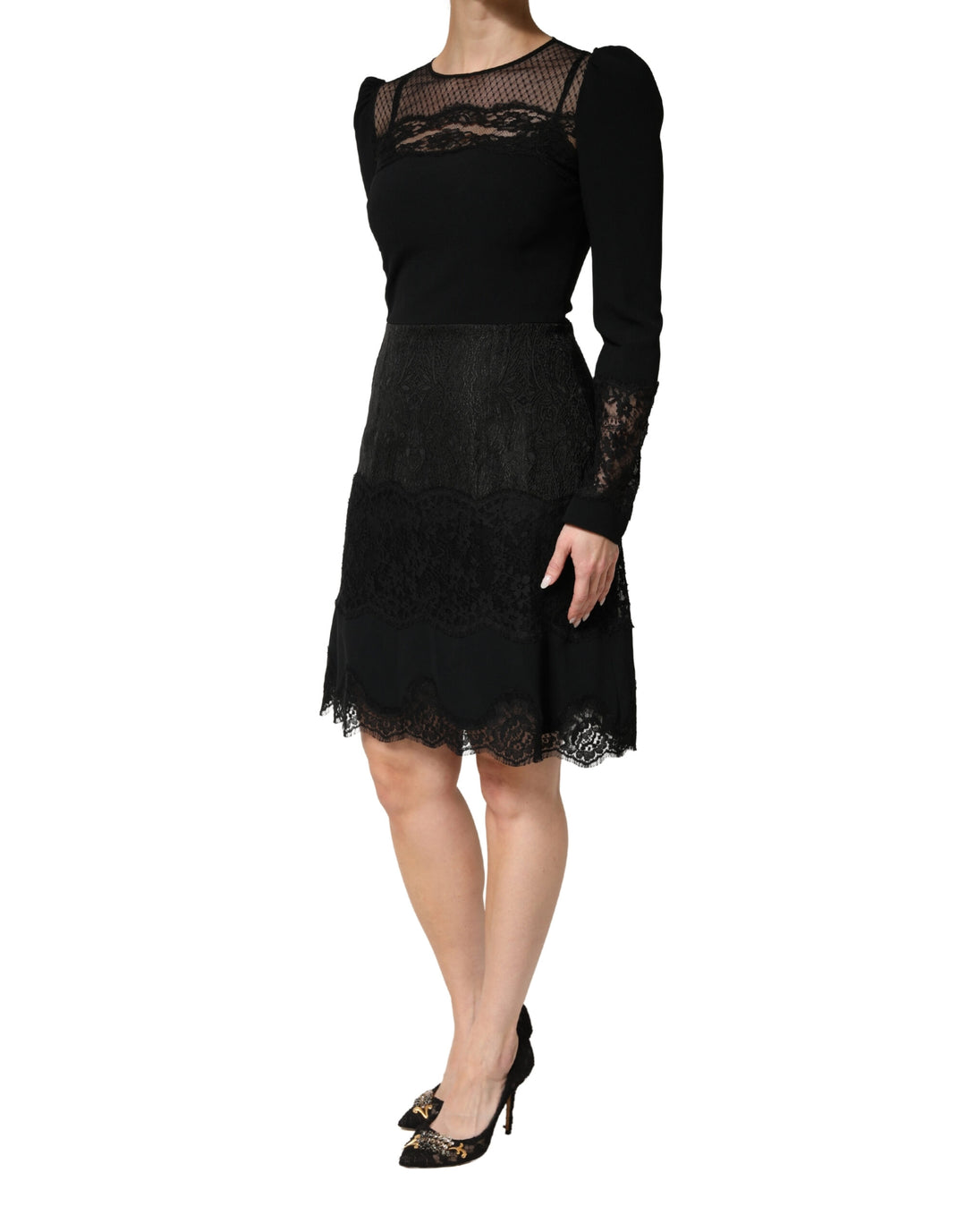 Dolce &amp; Gabbana Black Lace Sheer Panel Midi Long Sleeve  Dress
