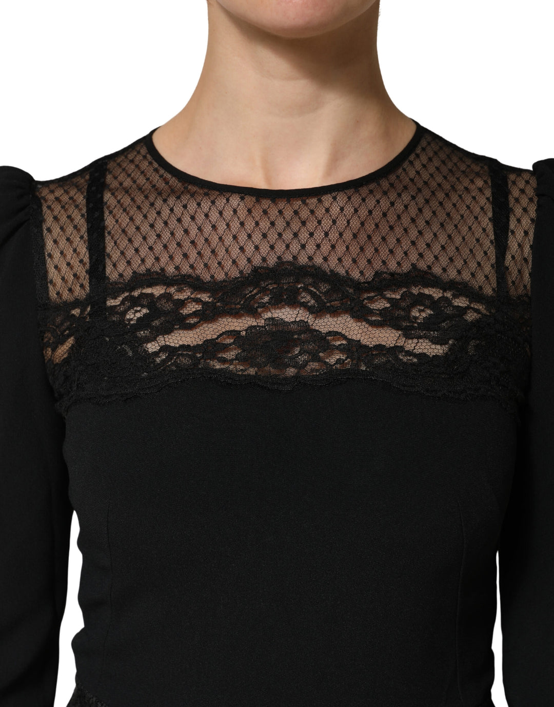 Dolce &amp; Gabbana Black Lace Sheer Panel Midi Long Sleeve  Dress