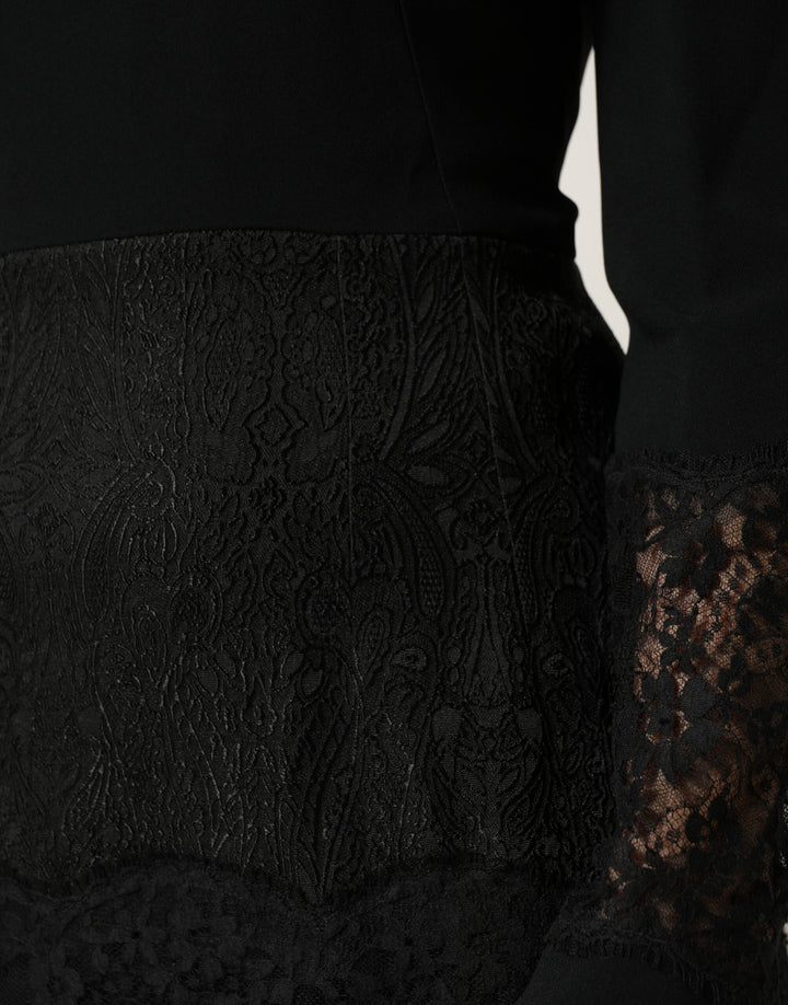 Dolce &amp; Gabbana Black Lace Sheer Panel Midi Long Sleeve  Dress