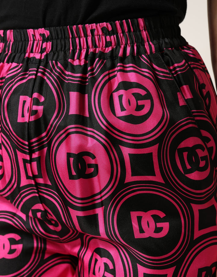 Dolce &amp; Gabbana Black Fuchsia Silk Logo Elastic Waist Shorts