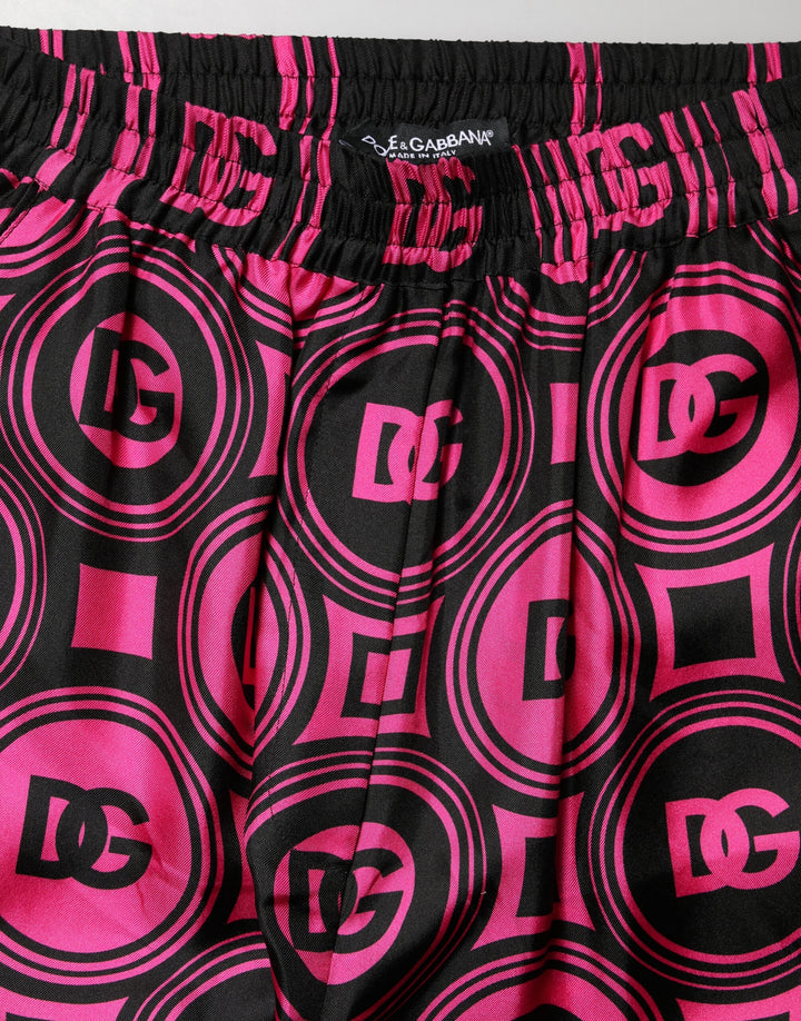 Dolce &amp; Gabbana Black Fuchsia Silk Logo Elastic Waist Shorts